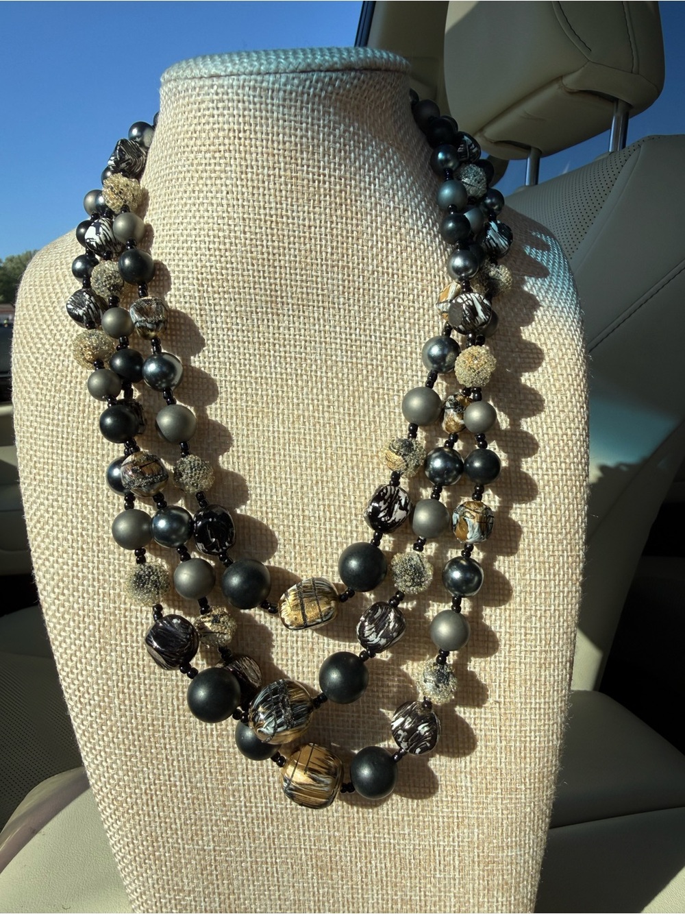 Japan Multi-Strand Black Gold Tone textured Beaded Vintage Statement Necklace - Picture 11 of 11